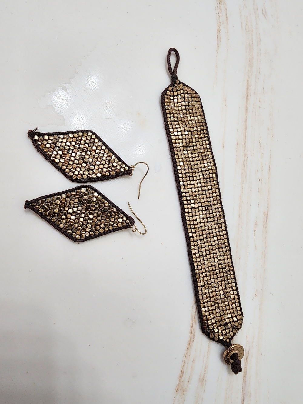 Boho -Chic Gold Sequin Metal Beaded Bracelet and Earrings Set